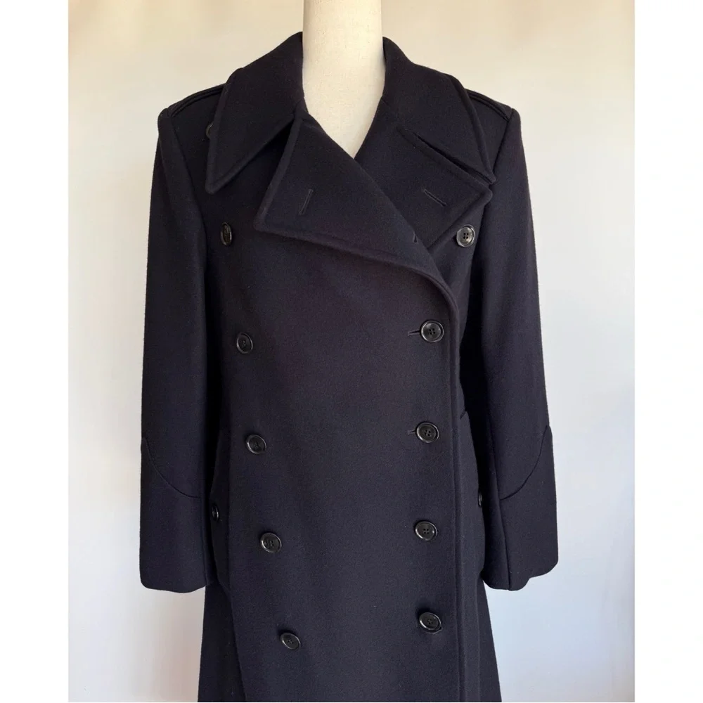 J Peterman Women’s Bobby Coat Long Peacoat Overcoat Wool Size 32 M Navy